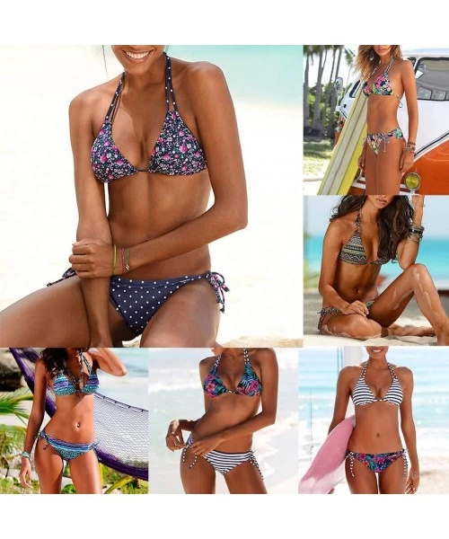 Sets Swimsuits for Women- Flower Striped Geometric Women Halter Bikini Set Two-piece Swimwear Swimsuit - 2 - CM18SDY2RQL