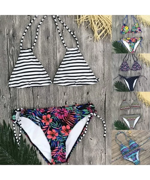 Sets Swimsuits for Women- Flower Striped Geometric Women Halter Bikini Set Two-piece Swimwear Swimsuit - 2 - CM18SDY2RQL