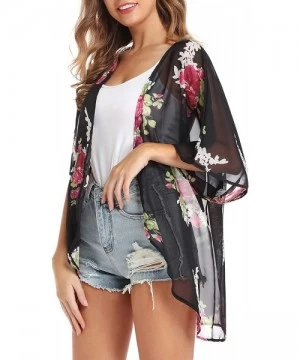 Cover-Ups Women's Floral Kimono Half Sleeve Shawl Chiffon Open Front Cover Up - Black&flower - CG18T9UDE0Q