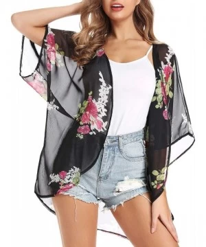 Cover-Ups Women's Floral Kimono Half Sleeve Shawl Chiffon Open Front Cover Up - Black&flower - CG18T9UDE0Q