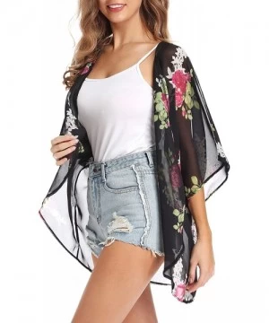 Cover-Ups Women's Floral Kimono Half Sleeve Shawl Chiffon Open Front Cover Up - Black&flower - CG18T9UDE0Q