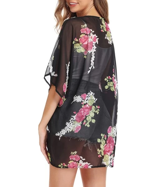 Cover-Ups Women's Floral Kimono Half Sleeve Shawl Chiffon Open Front Cover Up - Black&flower - CG18T9UDE0Q