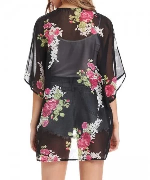 Cover-Ups Women's Floral Kimono Half Sleeve Shawl Chiffon Open Front Cover Up - Black&flower - CG18T9UDE0Q