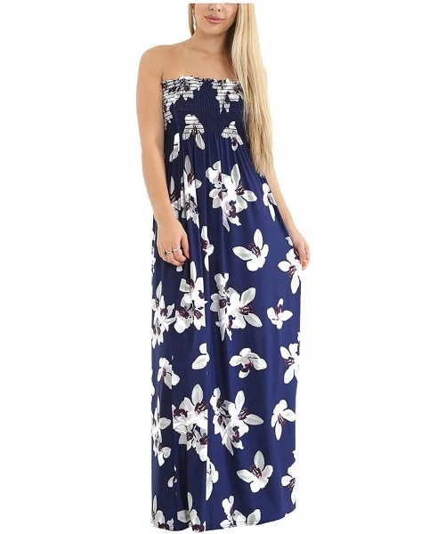 Cover-Ups Women's Floral Maxi Dresses Plus Size Tube Top Long Shirring Summer Sundress Cover Up - White Lily - Navy - CL18SEY...