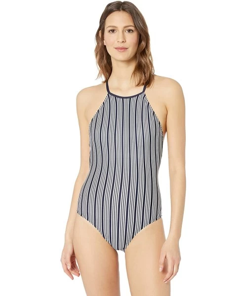 One-Pieces Women's High Neck with Lace Up Back One Piece Swimsuit - Docked Lines Stripe -Navy - C318N6O8O4Q