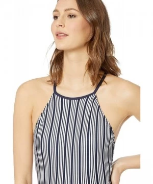 One-Pieces Women's High Neck with Lace Up Back One Piece Swimsuit - Docked Lines Stripe -Navy - C318N6O8O4Q