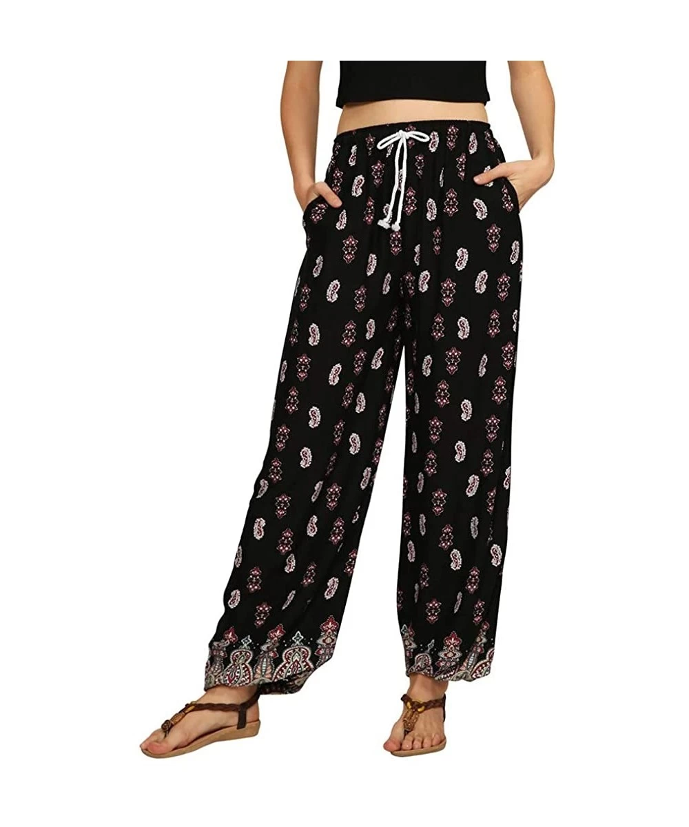 Board Shorts Women's Comfy Casual Pajama Pants Floral Print Drawstring Palazzo Lounge Pants Wide Leg - A4-black - C718U3A0I2D