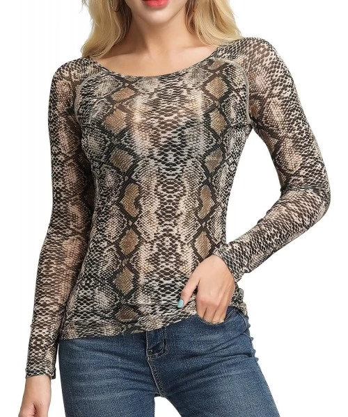 Cover-Ups Women's Basic Long Sleeves Mesh Sheer Tops - Snake Print - CF18SN3YD9U