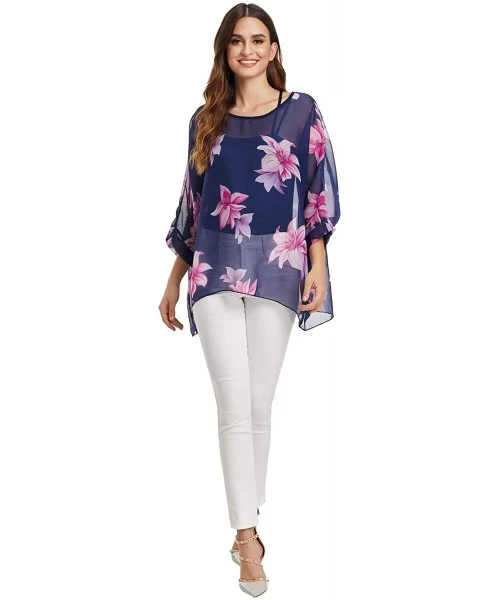 Cover-Ups Womens Floral Printed Batwing Sleeve Chiffon Caftan Poncho Blouse Summer Tunic Tops Beach Cover Up - Color 8 - CH19...