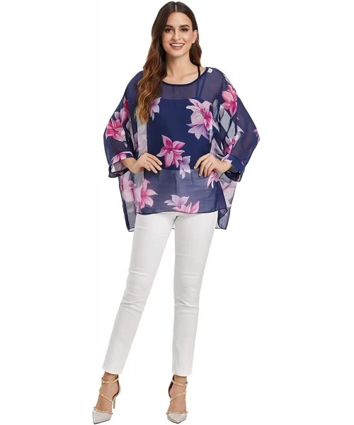 Cover-Ups Womens Floral Printed Batwing Sleeve Chiffon Caftan Poncho Blouse Summer Tunic Tops Beach Cover Up - Color 8 - CH19...