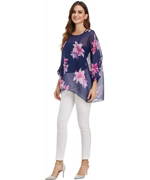 Cover-Ups Womens Floral Printed Batwing Sleeve Chiffon Caftan Poncho Blouse Summer Tunic Tops Beach Cover Up - Color 8 - CH19...