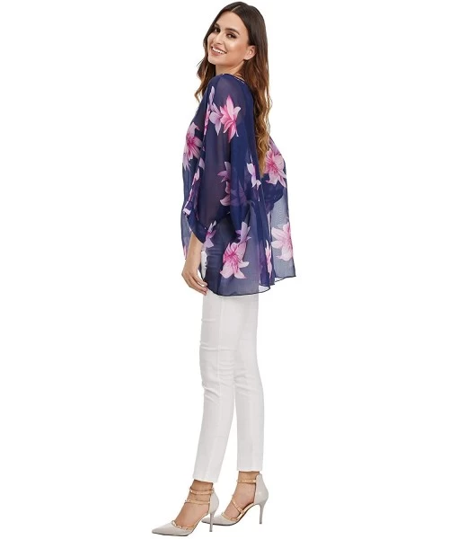 Cover-Ups Womens Floral Printed Batwing Sleeve Chiffon Caftan Poncho Blouse Summer Tunic Tops Beach Cover Up - Color 8 - CH19...