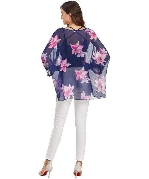 Cover-Ups Womens Floral Printed Batwing Sleeve Chiffon Caftan Poncho Blouse Summer Tunic Tops Beach Cover Up - Color 8 - CH19...