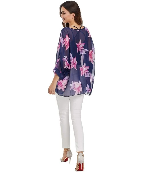 Cover-Ups Womens Floral Printed Batwing Sleeve Chiffon Caftan Poncho Blouse Summer Tunic Tops Beach Cover Up - Color 8 - CH19...