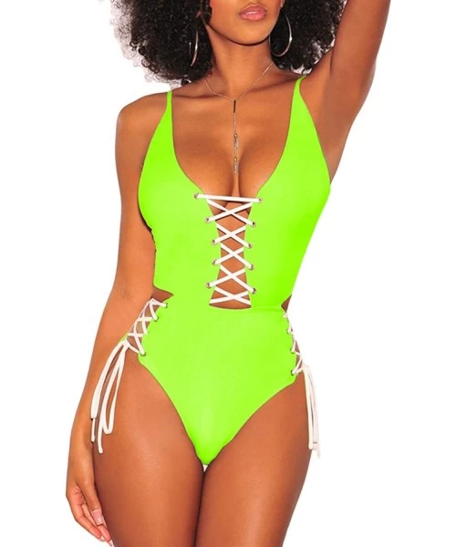 One-Pieces Women's Spaghetti Strap Criss Cross Lace Up One Piece Swimsuits Swimwear - Neon Yellow - CY18T004TY4