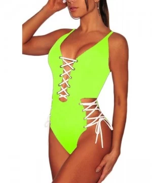 One-Pieces Women's Spaghetti Strap Criss Cross Lace Up One Piece Swimsuits Swimwear - Neon Yellow - CY18T004TY4