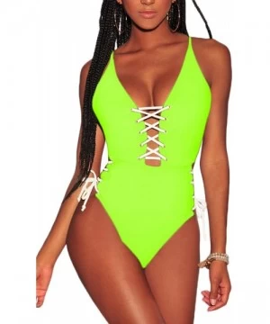 One-Pieces Women's Spaghetti Strap Criss Cross Lace Up One Piece Swimsuits Swimwear - Neon Yellow - CY18T004TY4