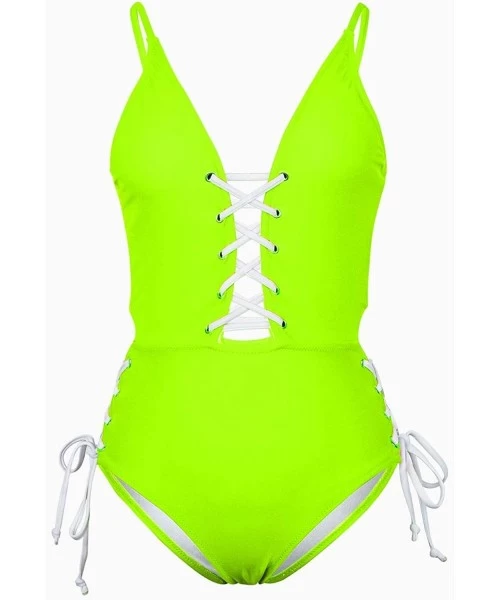 One-Pieces Women's Spaghetti Strap Criss Cross Lace Up One Piece Swimsuits Swimwear - Neon Yellow - CY18T004TY4