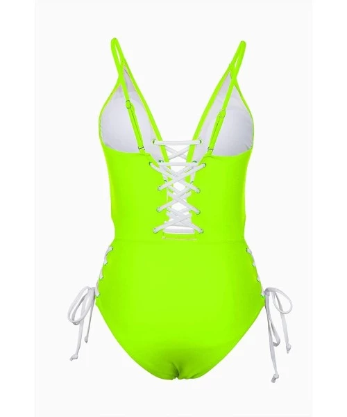 One-Pieces Women's Spaghetti Strap Criss Cross Lace Up One Piece Swimsuits Swimwear - Neon Yellow - CY18T004TY4