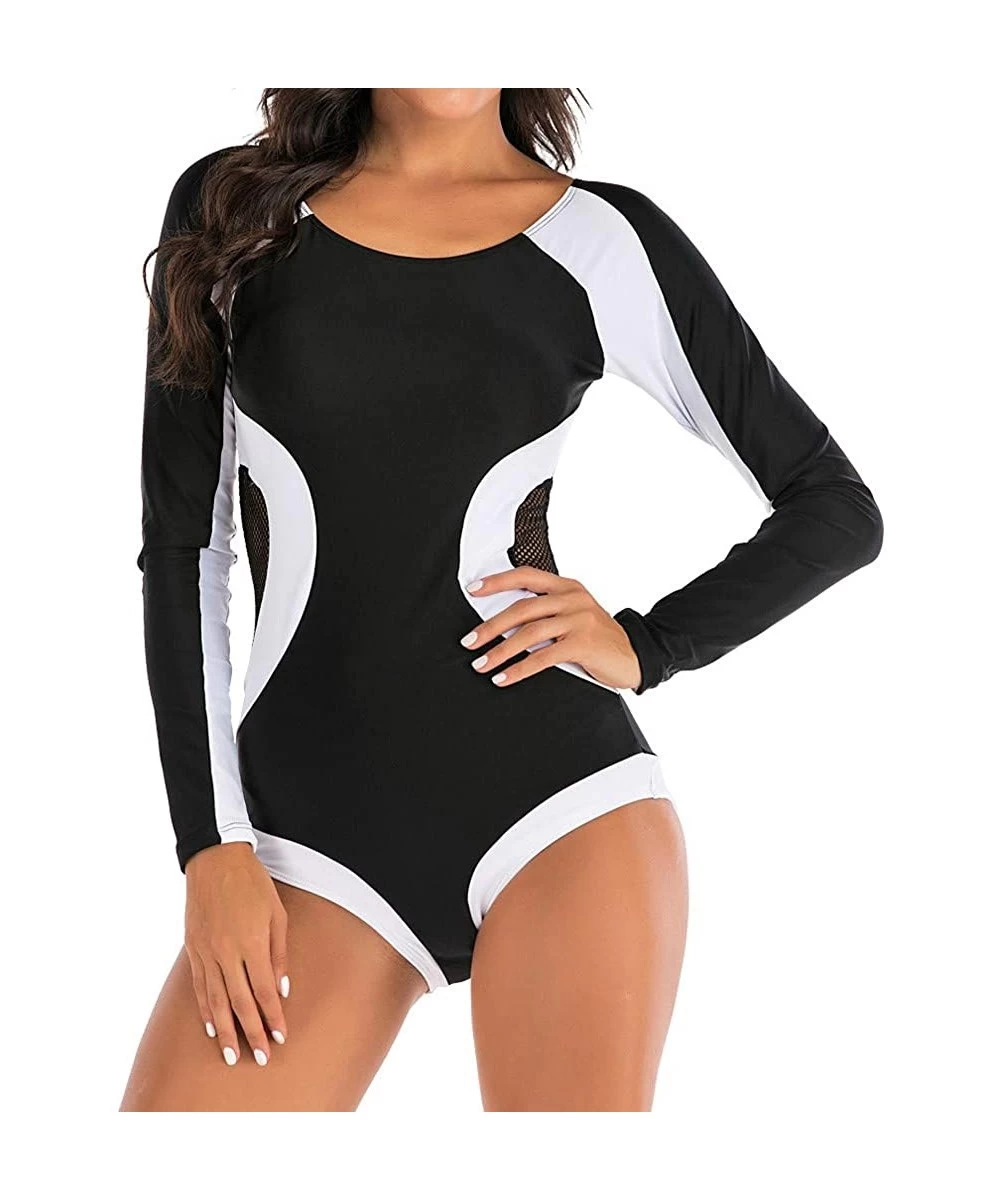 One-Pieces One Piece Long Sleeve Rash Guard UV Protection Mesh Surfing Swimsuit Swimwear Bathing Suit - Black - CR193R3Z4N0