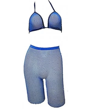 Cover-Ups Rhinestone Fishnet Diamond Beach Cover Up Sexy Women See Through Hollow Out Mesh Halter Crop Top and Shorts Set Blu...