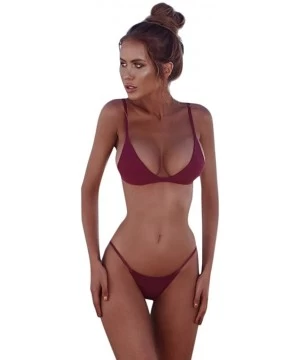 Sets Women Bandeau Bikini Set Two Piece Strapless Solid Color Swimsuit Cherry Thong High Cut Bathing Suit - Wine Red_b - C719...