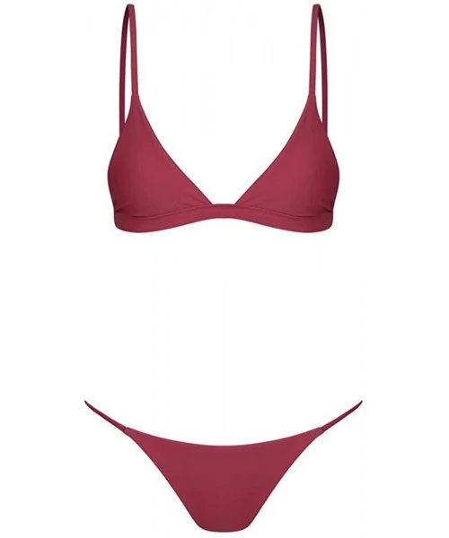 Sets Women Bandeau Bikini Set Two Piece Strapless Solid Color Swimsuit Cherry Thong High Cut Bathing Suit - Wine Red_b - C719...