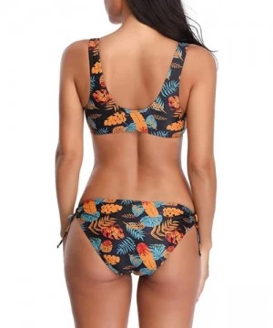 Sets Women Leaf Print Split Swimsuit Bikini Set Sexy Push Up Padded Bra Top Underwear Beach Swimwear Bathing Suit Black - C41...