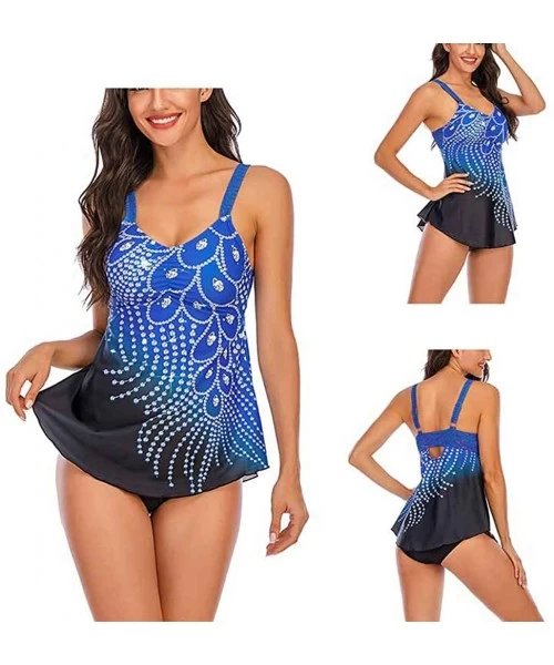 One-Pieces Womens Feather Sequins Print Tankini Swimwear Two Piece Set Tummy Control Swimming Bathing Suit Swimsuits Dark Blu...