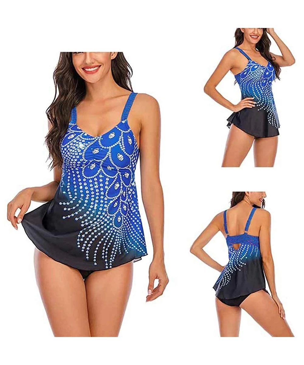 One-Pieces Womens Feather Sequins Print Tankini Swimwear Two Piece Set Tummy Control Swimming Bathing Suit Swimsuits Dark Blu...