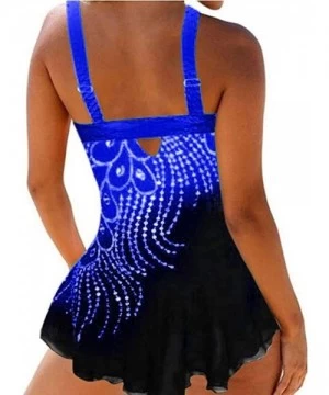 One-Pieces Womens Feather Sequins Print Tankini Swimwear Two Piece Set Tummy Control Swimming Bathing Suit Swimsuits Dark Blu...