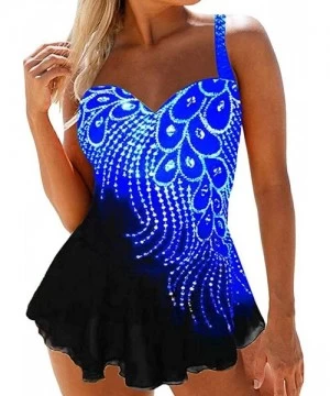 One-Pieces Womens Feather Sequins Print Tankini Swimwear Two Piece Set Tummy Control Swimming Bathing Suit Swimsuits Dark Blu...