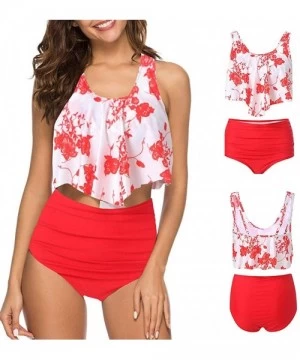 Bottoms 2PC Women Bikini Set High Waist Swimsuit Floral Print Bathinsuit Beach Swimwear - Red - CM19620K8SI