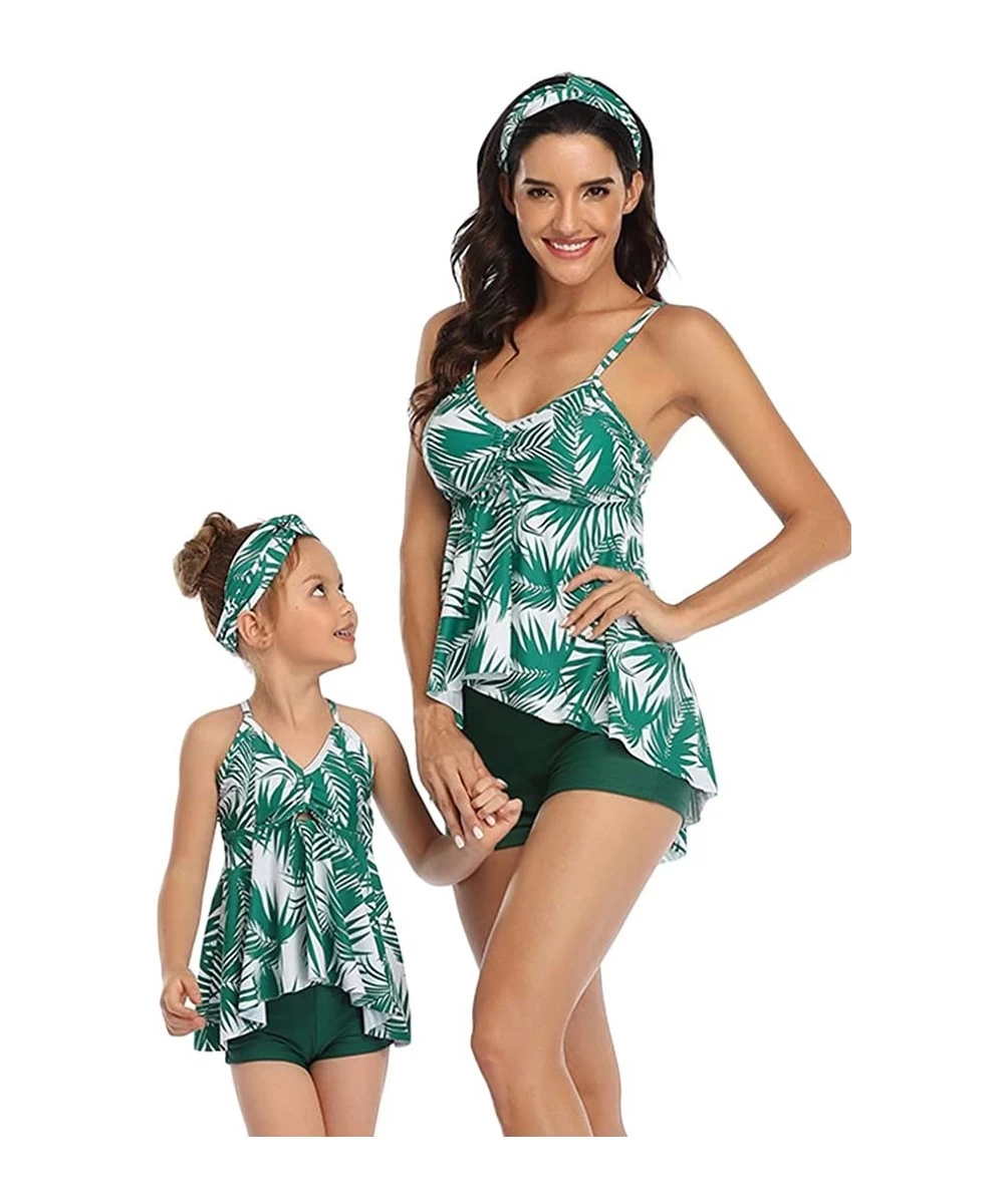 Tankinis Girl's 2 Piece Ruffle Boyshorts Swimsuit Cross Back Floral Printed Beach Sport Tankini Set 2-14 Years - Green - CS19...