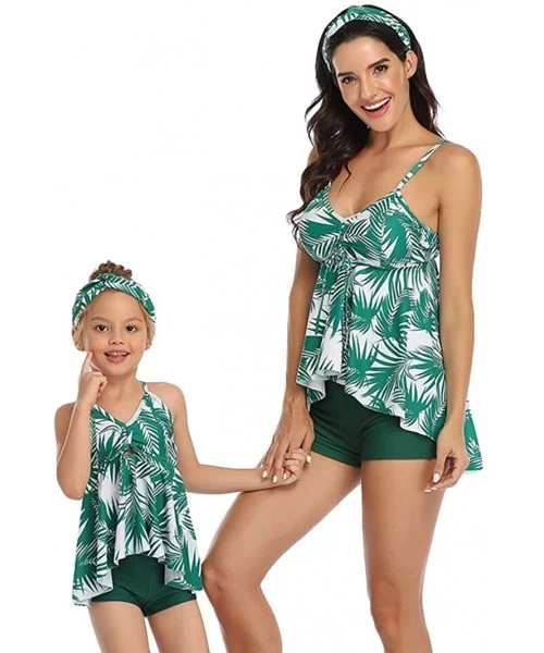 Tankinis Girl's 2 Piece Ruffle Boyshorts Swimsuit Cross Back Floral Printed Beach Sport Tankini Set 2-14 Years - Green - CS19...