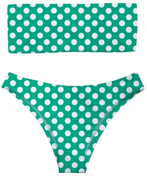 Sets Women 2 Pieces Bandeau Bikini Swimsuit Off Shoulder High Waist Bathing Suit - Green Polka Dot - C418QIASXYH