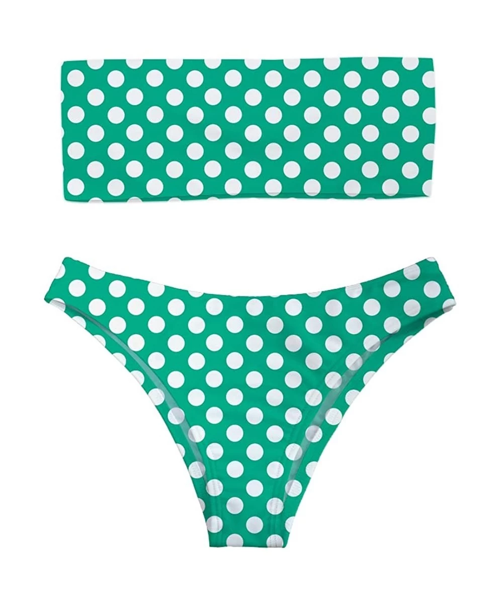 Sets Women 2 Pieces Bandeau Bikini Swimsuit Off Shoulder High Waist Bathing Suit - Green Polka Dot - C418QIASXYH