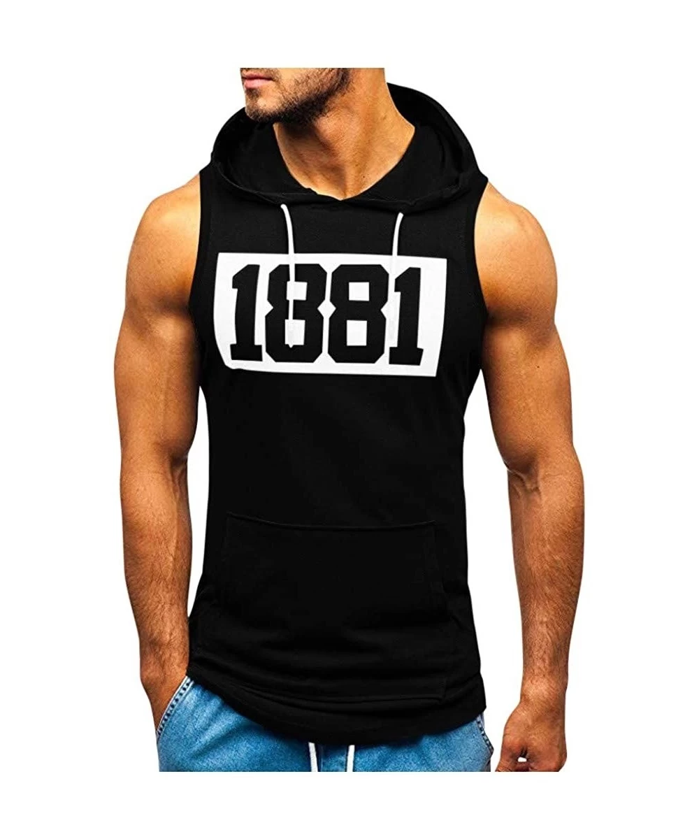 Trunks Men's Workout Hooded Tank Tops Bodybuilding Muscle Cut Off T Shirt Sleeveless Gym Hoodies - Black C - CN194EATKK5