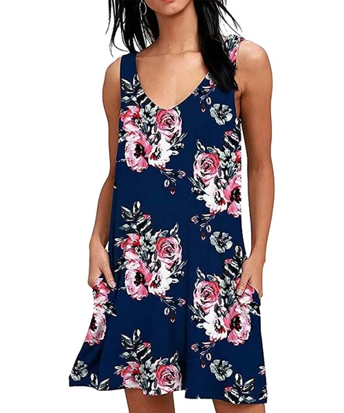 Cover-Ups Women's Summer Casual T Shirt Dresses Beach Cover Up Plain Pleated Tank Dress - Flower-navy Blue - CC18RHZW844