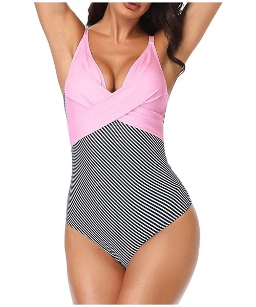 One-Pieces 2020 Women's One Piece Swimsuit Monokini Front Cross Printed Colorblock Tummy Control Bathing Suits Swimwear Pink ...