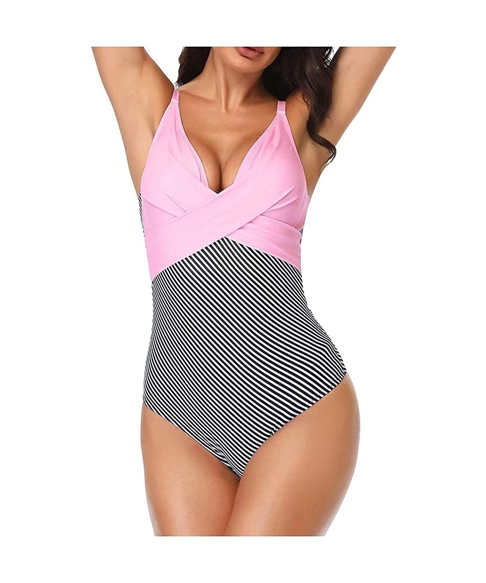 One-Pieces 2020 Women's One Piece Swimsuit Monokini Front Cross Printed Colorblock Tummy Control Bathing Suits Swimwear Pink ...