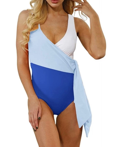 One-Pieces Women's One Piece Swimsuit Color Block Wrap V Neck Tie Knot Bathing Suit - Classic Blue + Sky Blue - CU1962RM5YN