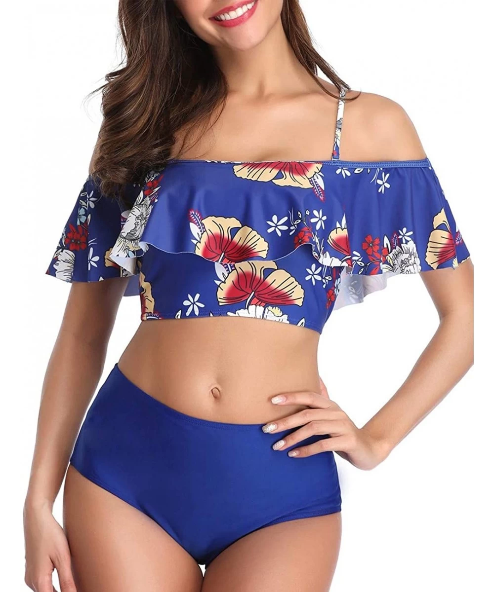 Sets Women's High Waist Bikini Tassel Flounce Two Piece Swimsuits Flowy Bathing Suit - Blue White Flower - CA18UNM9OCK