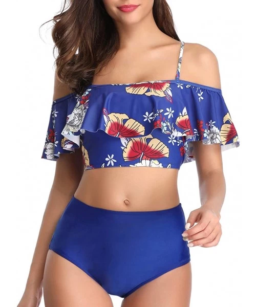 Sets Women's High Waist Bikini Tassel Flounce Two Piece Swimsuits Flowy Bathing Suit - Blue White Flower - CA18UNM9OCK