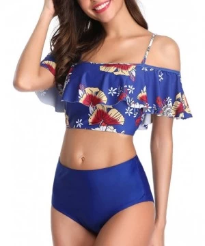 Sets Women's High Waist Bikini Tassel Flounce Two Piece Swimsuits Flowy Bathing Suit - Blue White Flower - CA18UNM9OCK