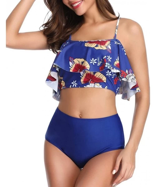 Sets Women's High Waist Bikini Tassel Flounce Two Piece Swimsuits Flowy Bathing Suit - Blue White Flower - CA18UNM9OCK