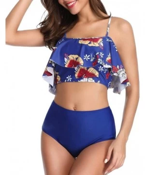 Sets Women's High Waist Bikini Tassel Flounce Two Piece Swimsuits Flowy Bathing Suit - Blue White Flower - CA18UNM9OCK