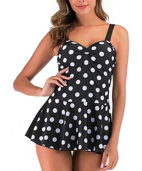 Racing Plus Size Two Piece Tankini Bikini Set Dot Printed Bathing Suit Ladies Swim Dress Swimwear Beachwear - 2black - C2199G...