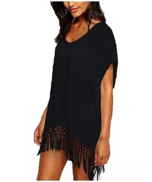 Cover-Ups Women Short-Sleeve Loose Chiffon Fringed Crochet Tunic Beach Dress - Black - C618SG49Z86