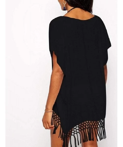 Cover-Ups Women Short-Sleeve Loose Chiffon Fringed Crochet Tunic Beach Dress - Black - C618SG49Z86